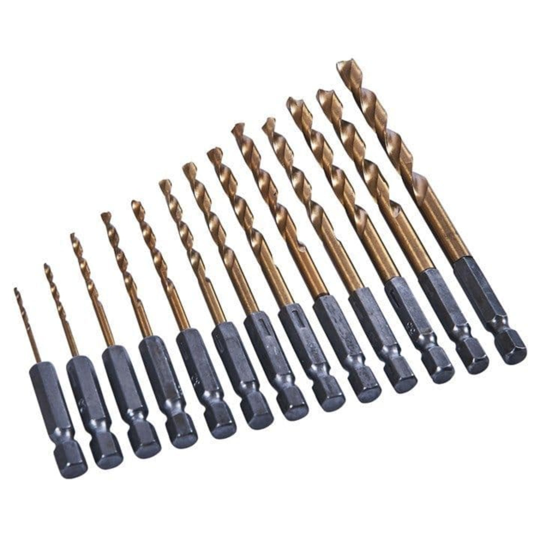 Pack Of 13 1/4" Titanium Coated HSS Drill Bit Set