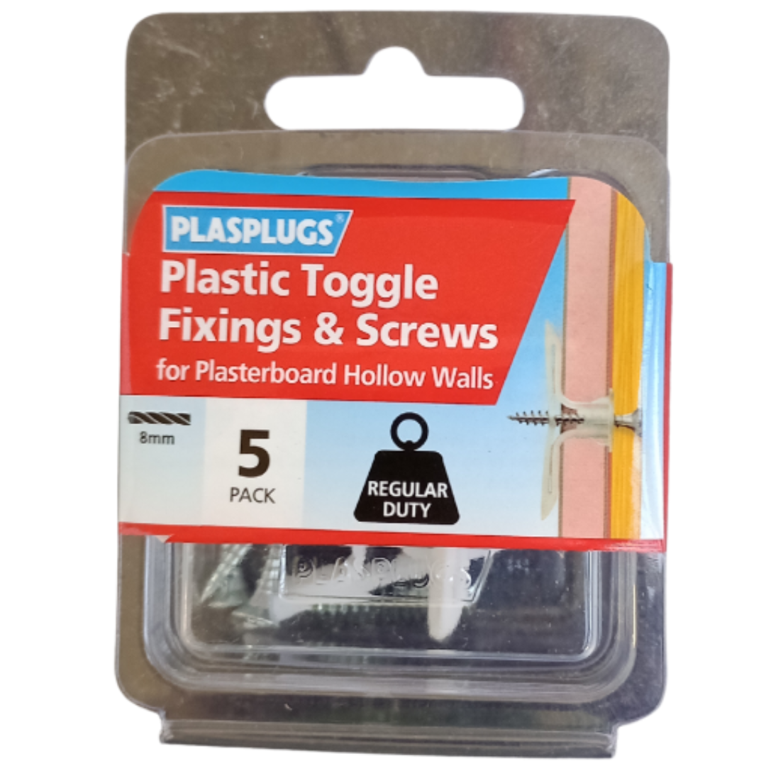 Plasplugs Plastic Toggle and Screws for Plasterboard – Pack of 5