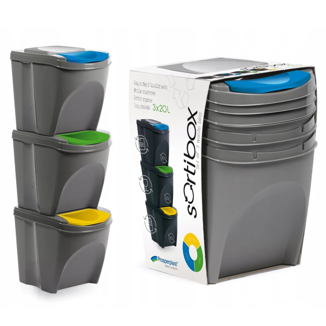 Sortibox 3x20L Grey Recycling Bins Set