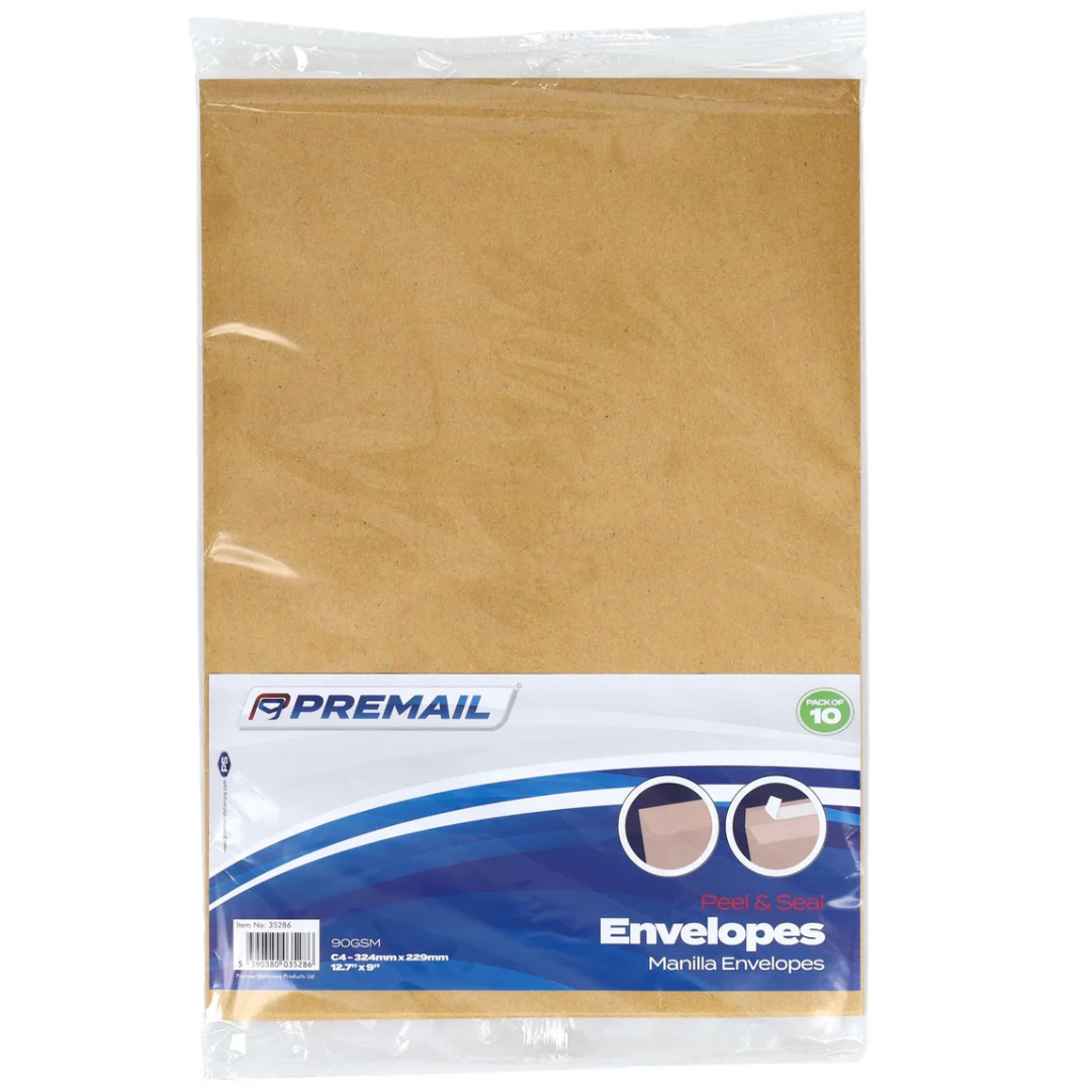 10 Pack of C4 Manilla Peel & Seal Envelopes