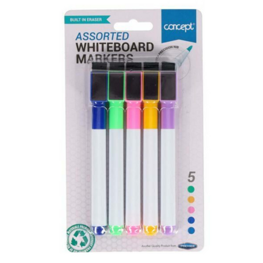 5 Drywipe Markers with Eraser Lid