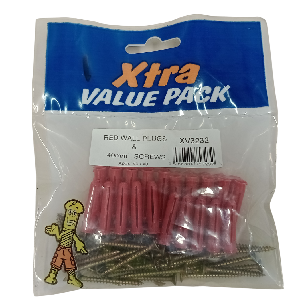 Red Wall Plugs & 40mm Screws - Extra Value Pack