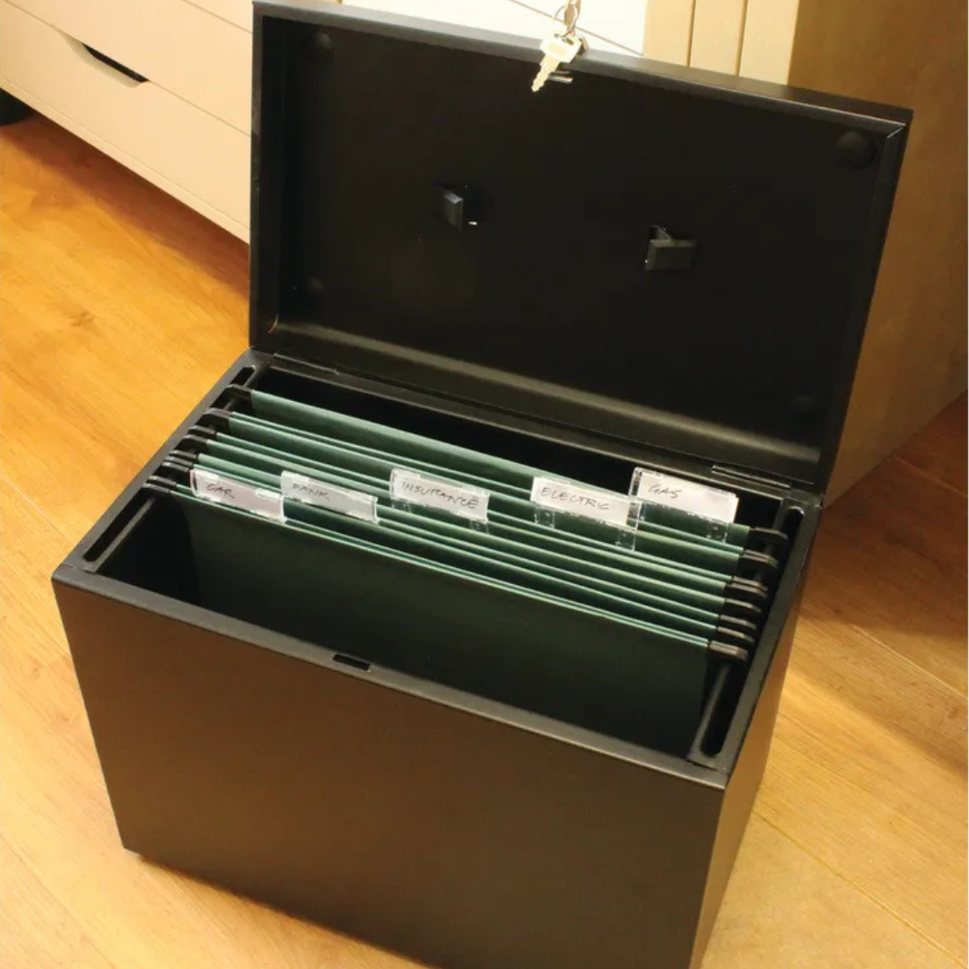 A4 Black Metal File Box with 5 File Folders