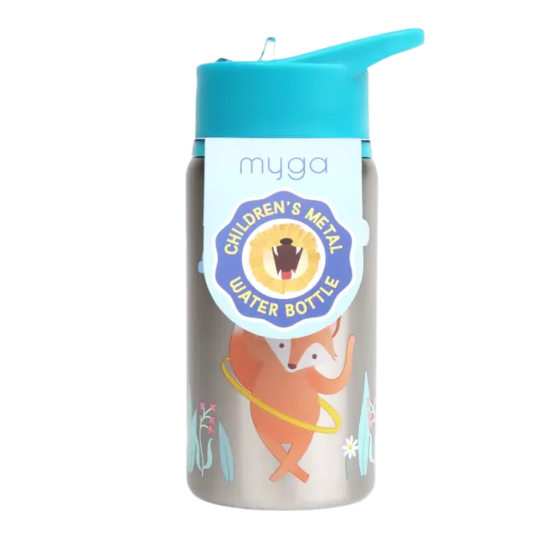 Myga Metal Kids Water Bottle Blue Wild Animals 500ml