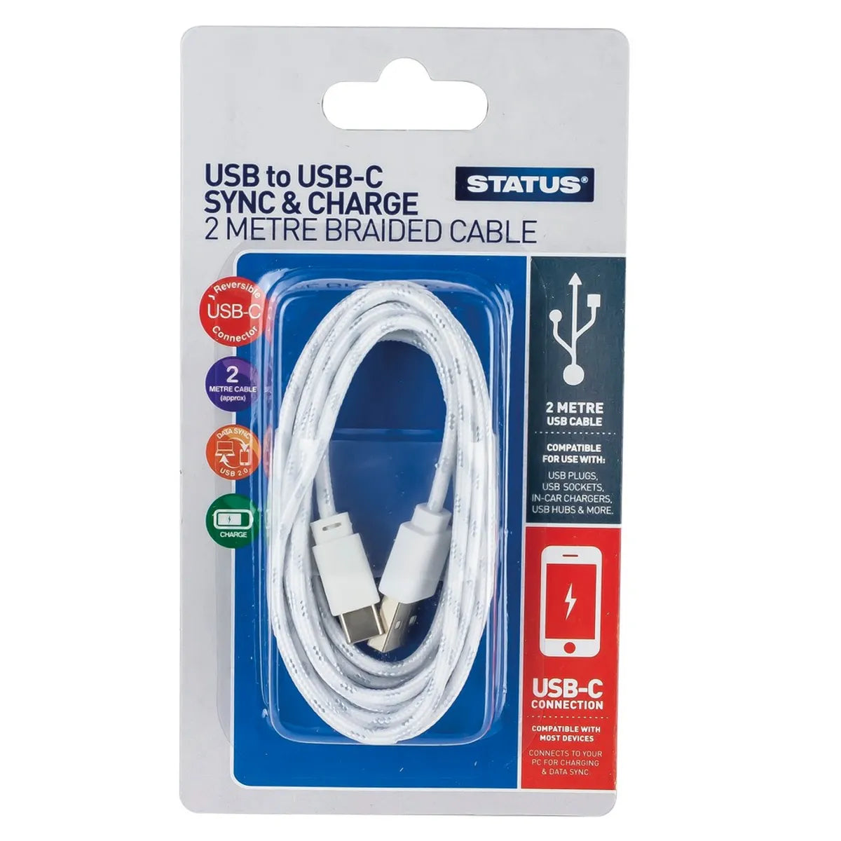 USB A to C 2M Cable – White & Silver